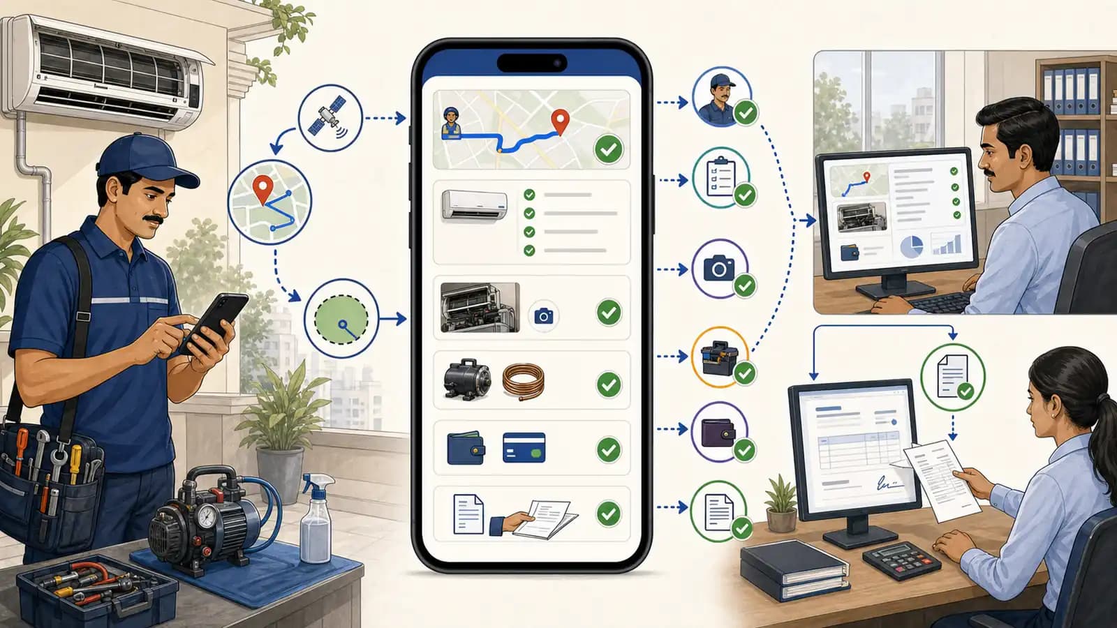 HVAC GPS tracking workflow showing technician location, AC job cards, attendance, proof, payments, and GST invoice handoff