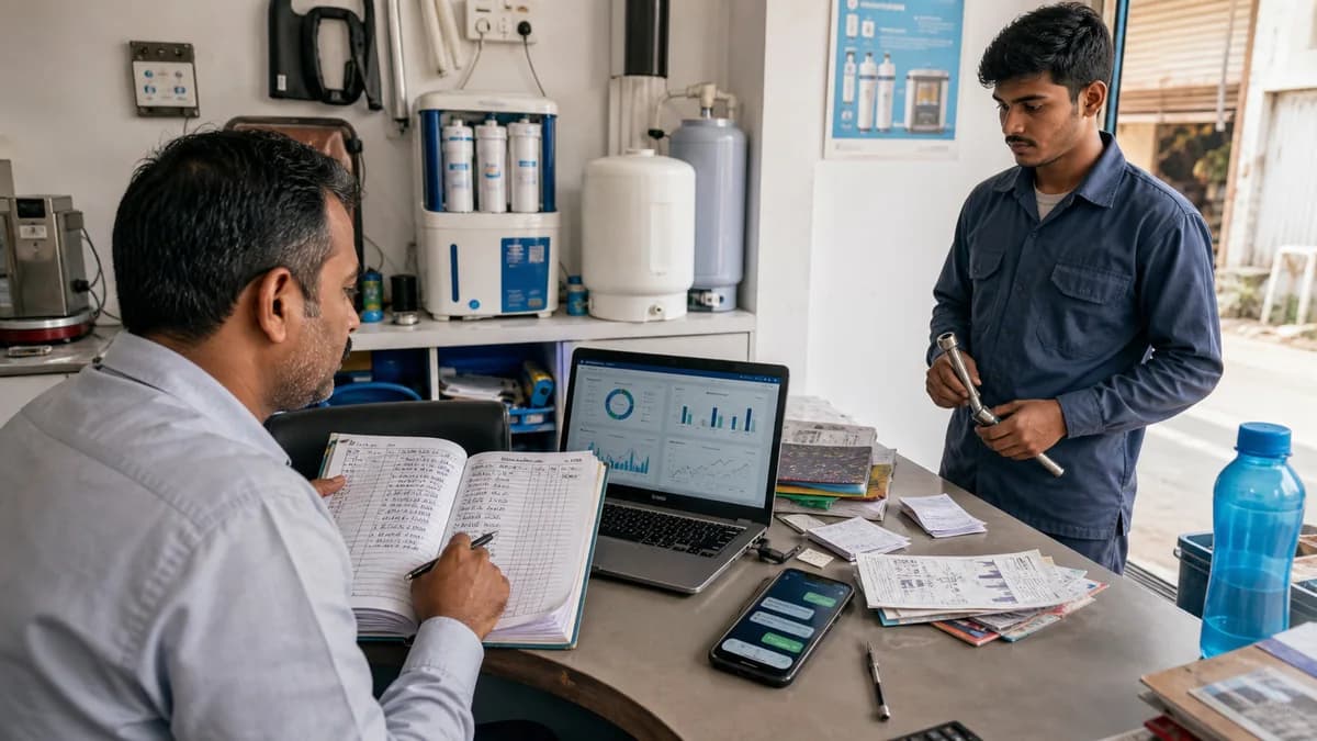 RO service center owner reviewing old registers while a technician stands near purifier parts