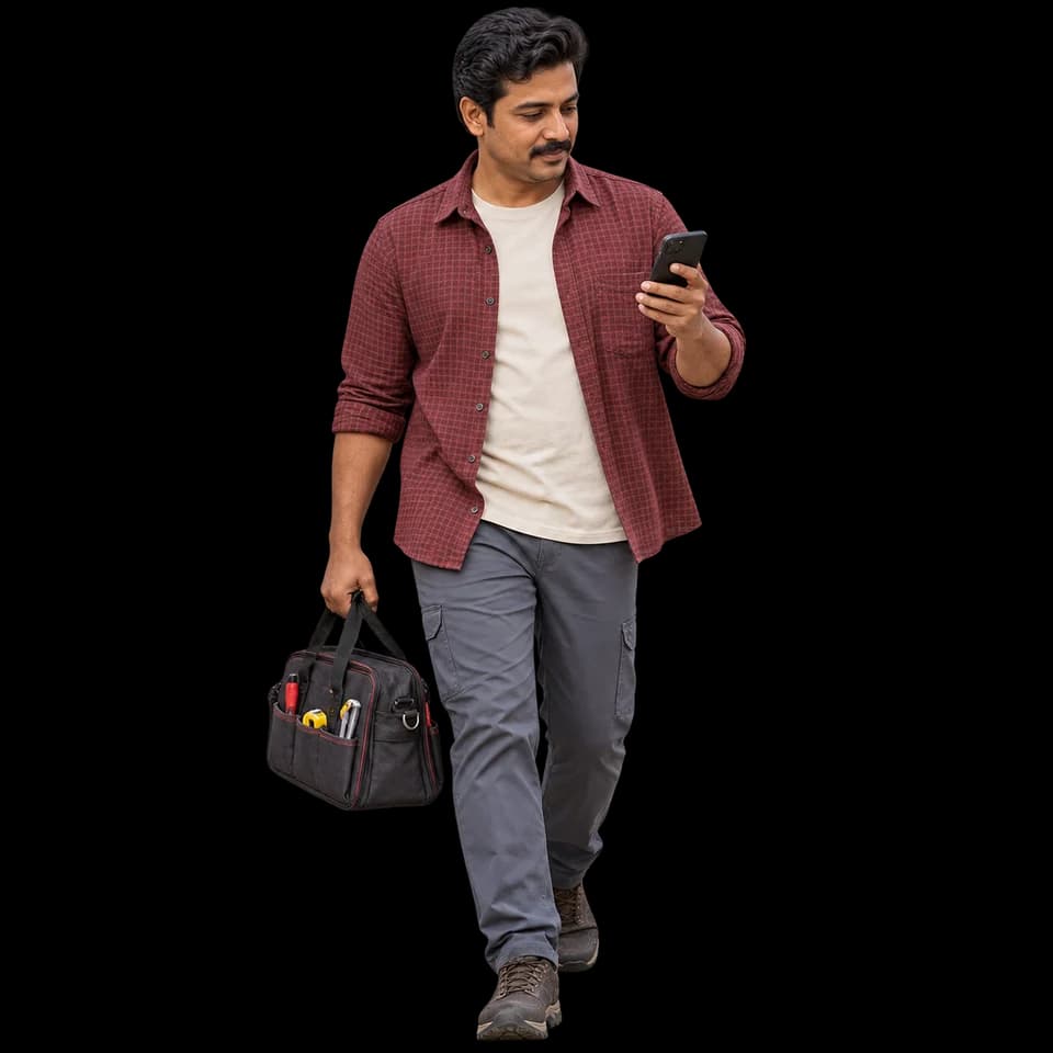 AI-generated technician in a burgundy checked shirt walking with a tool bag and checking his phone