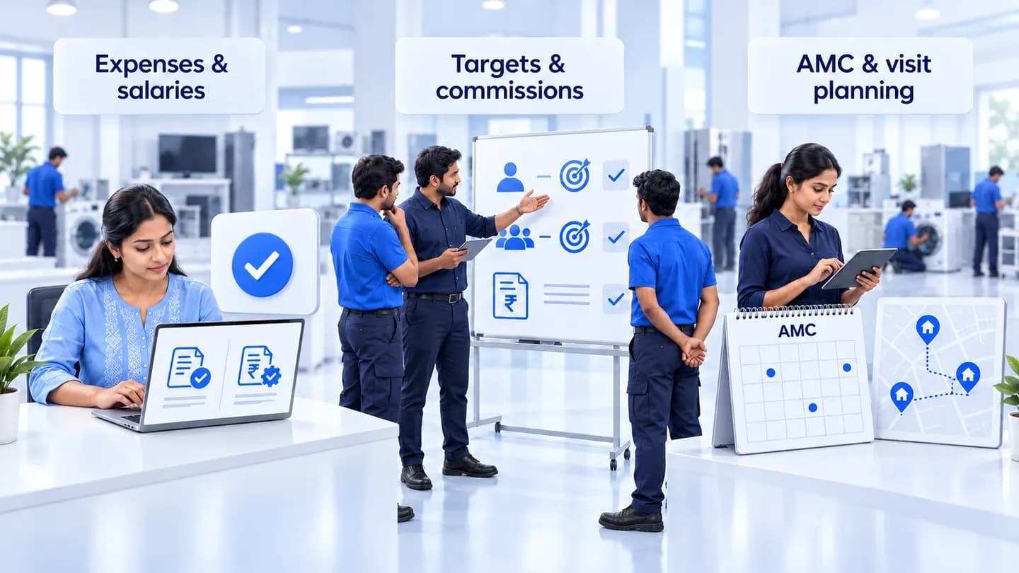 Illustrative Gujarat appliance service workflow: digital expense and salary review, individual and team targets, and planned AMC visits. Not the featured customer or actual application screens.