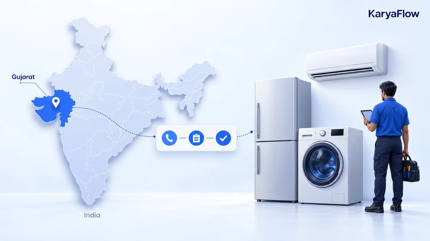 Illustration of Gujarat highlighted on an India map beside a fictional appliance service technician, refrigerator, washing machine and air conditioner.