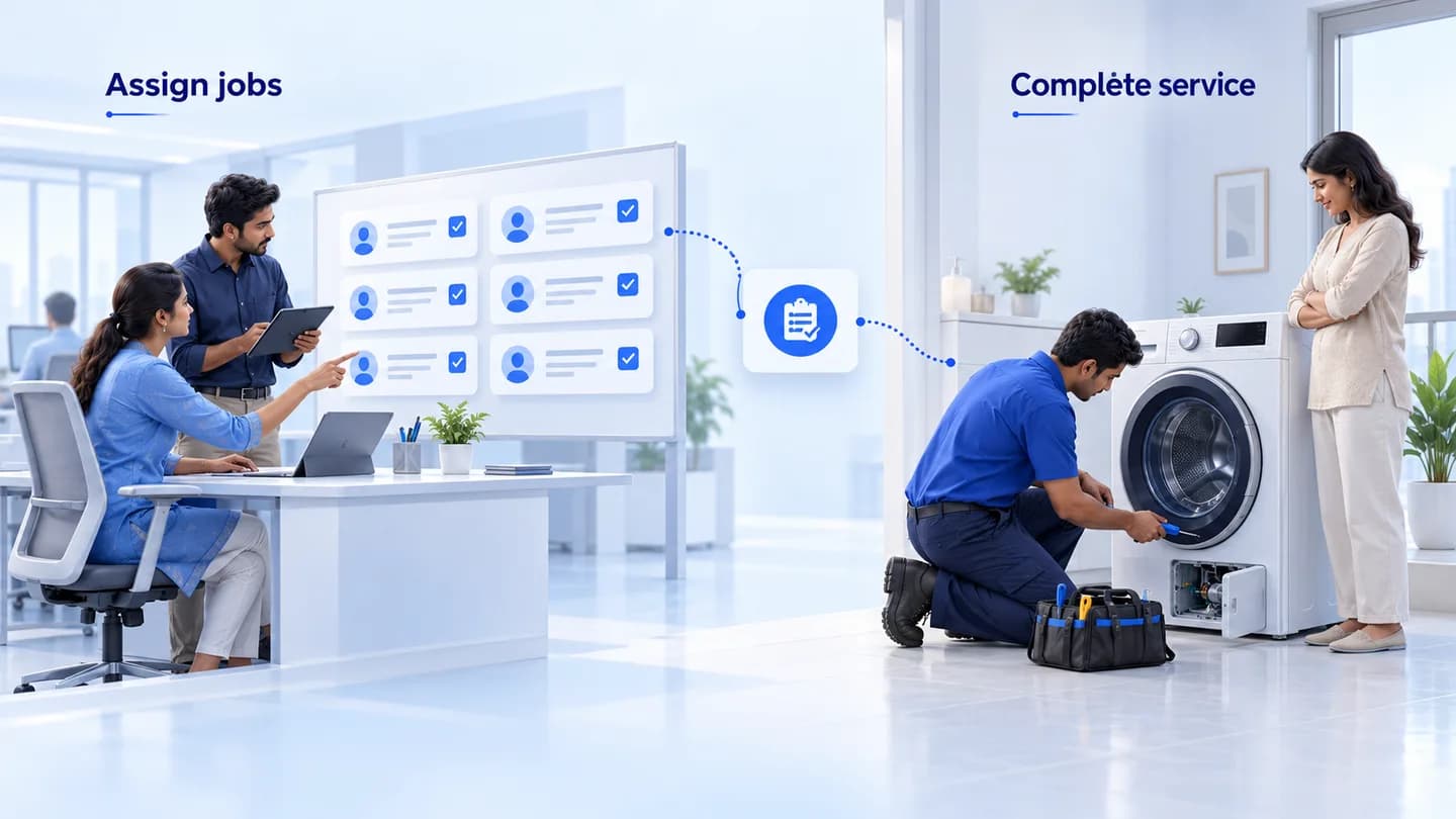 Illustrative scene for the Gujarat appliance service center case study: office staff assign jobs beside a technician servicing a washing machine. Not the featured customer or actual application screens.