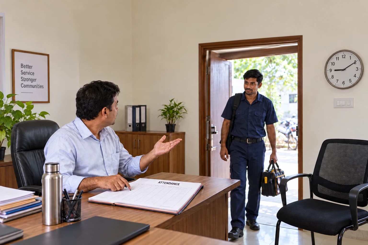 An Indian manager checks an incomplete attendance register as a technician arrives.
