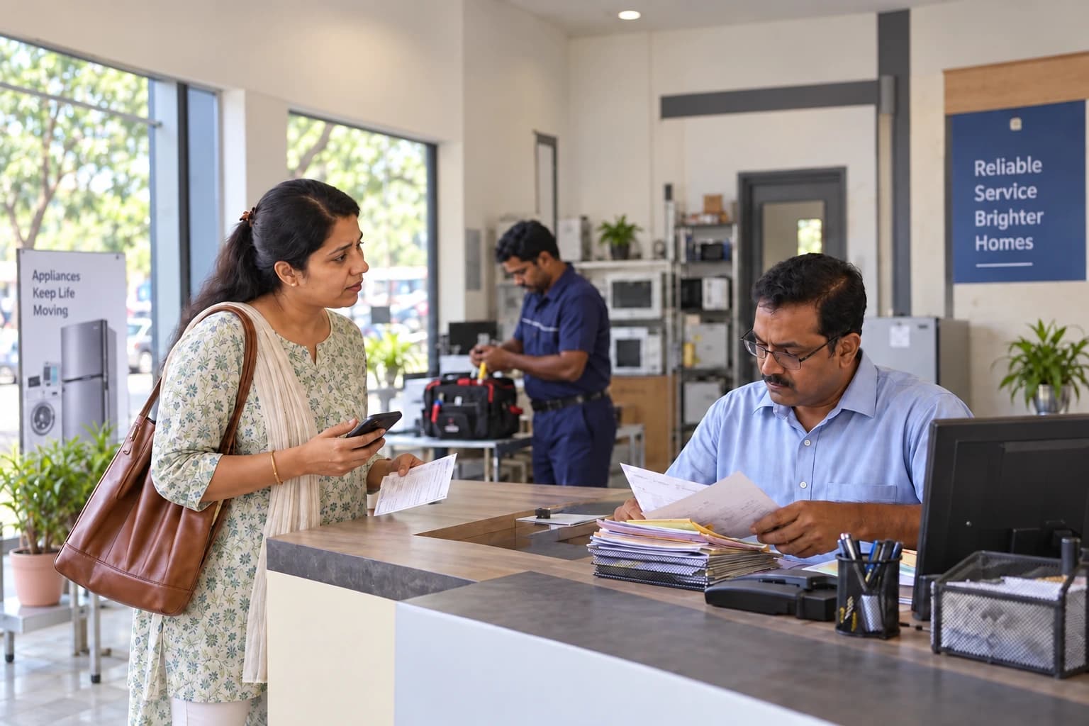 An Indian customer asks a service manager about a delayed service visit.