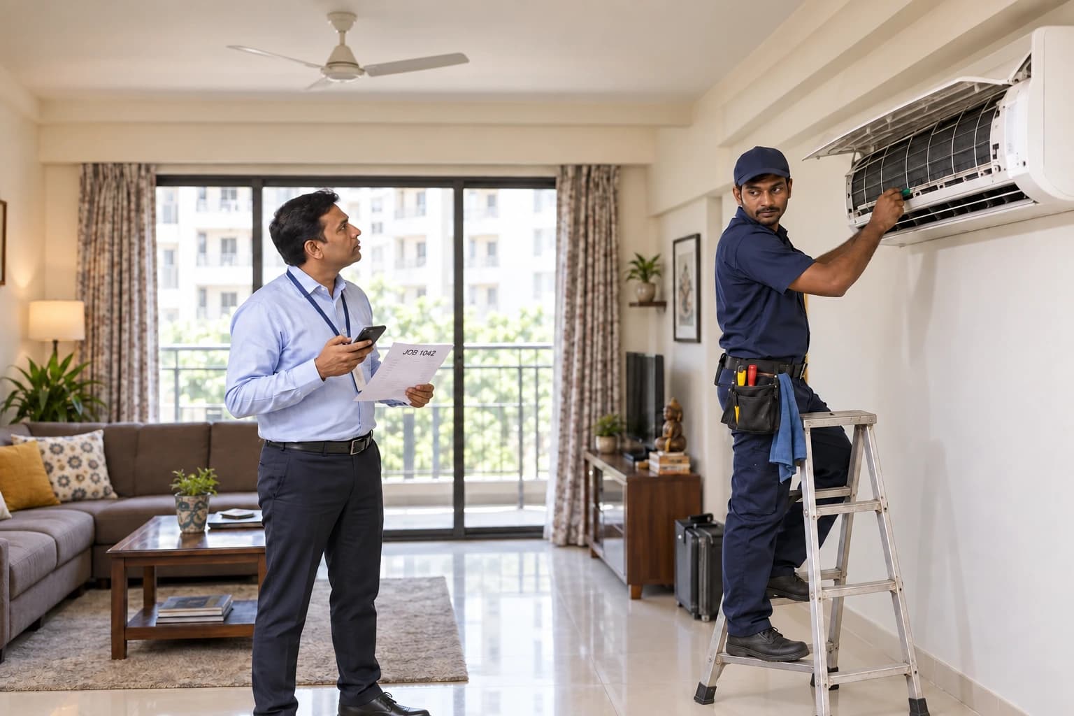 A service manager asks about job progress while an Indian technician repairs an air conditioner.