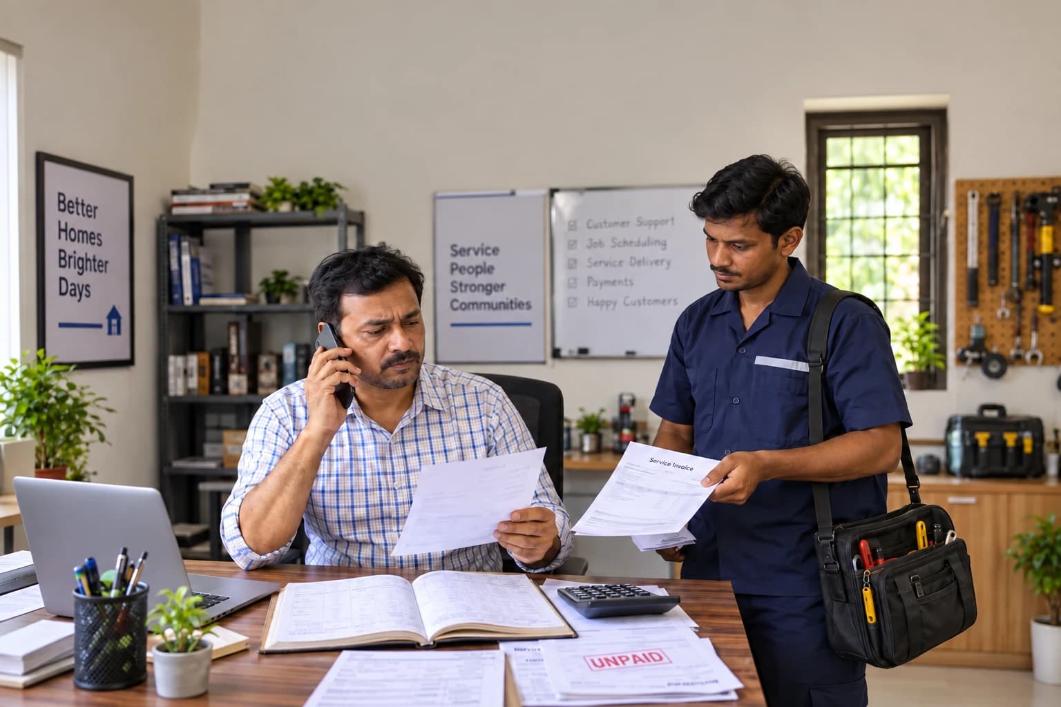 An Indian service owner calls about an unpaid invoice as a technician hands over another job sheet.