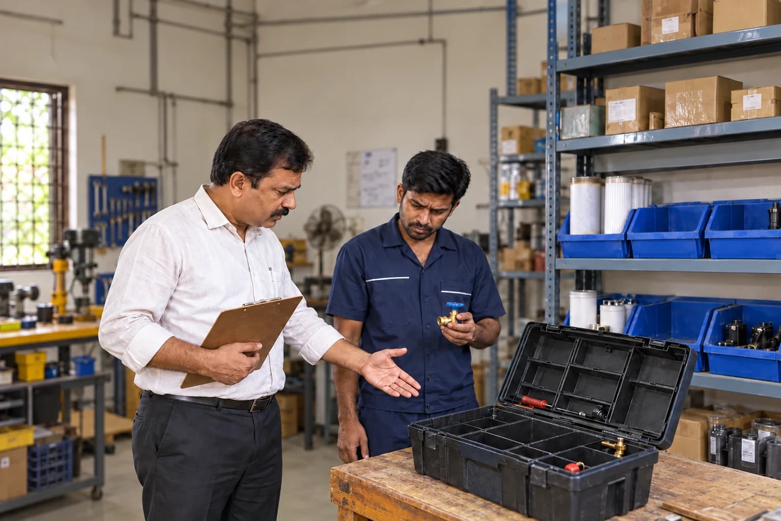 An Indian manager and technician inspect missing parts in a workshop.