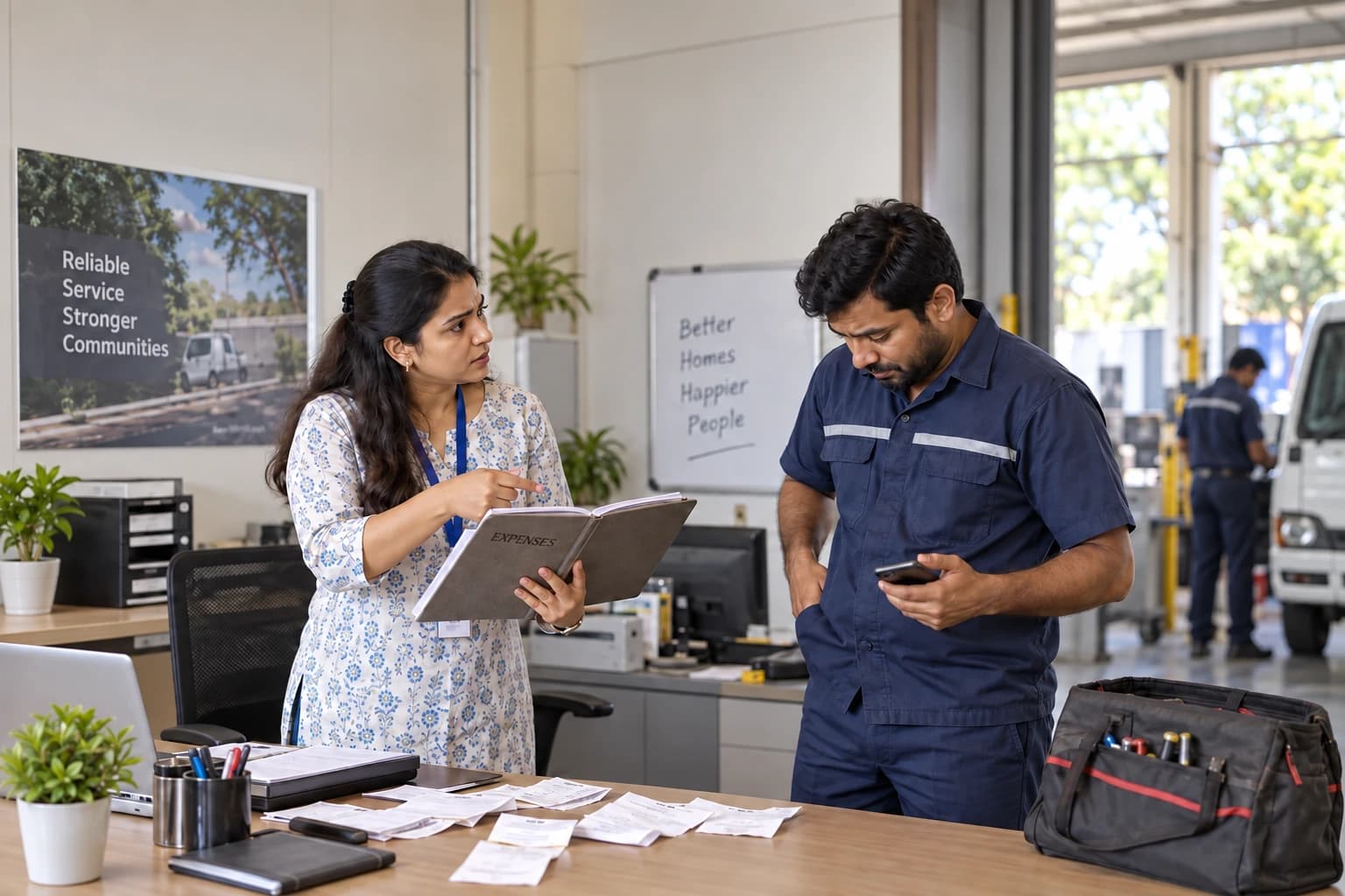 An Indian manager asks a technician for a missing expense receipt.