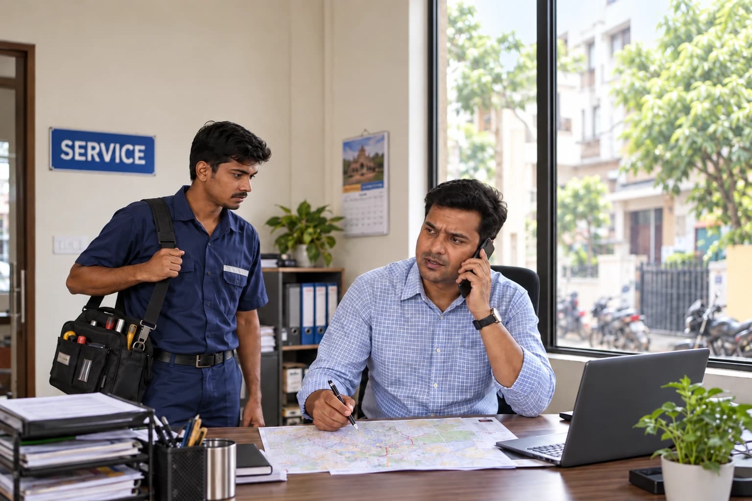 An Indian service manager calls to locate a technician while another technician waits for an assignment.