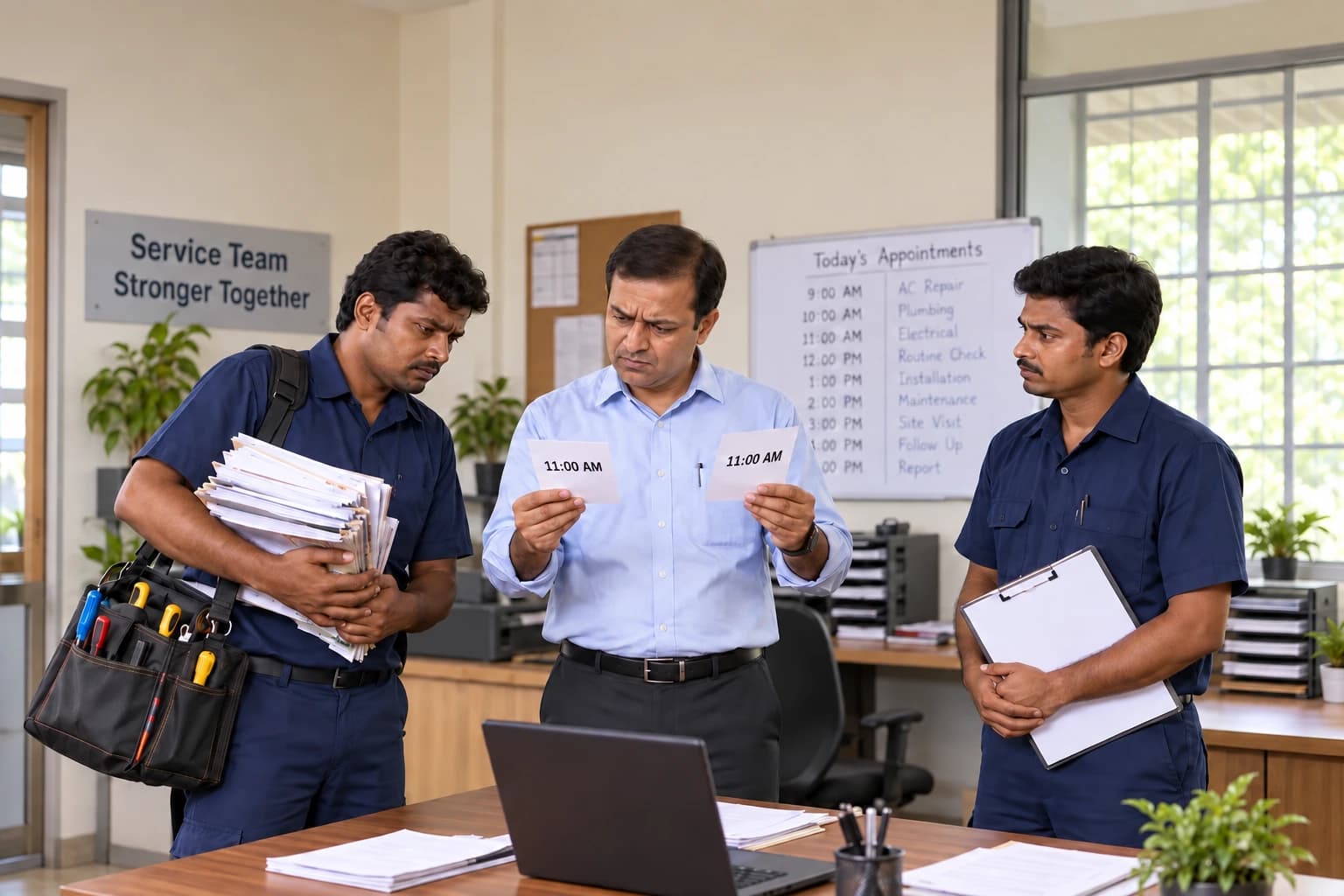 An Indian manager compares overlapping appointments beside an overloaded technician and an idle colleague.