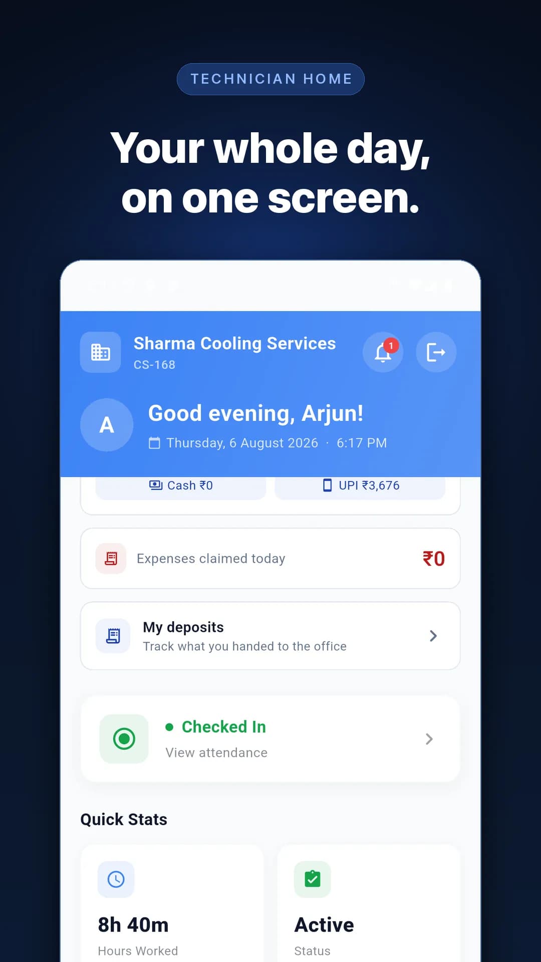 KaryaFlow home screen showing today's collections, cash to deposit, attendance status and hours worked