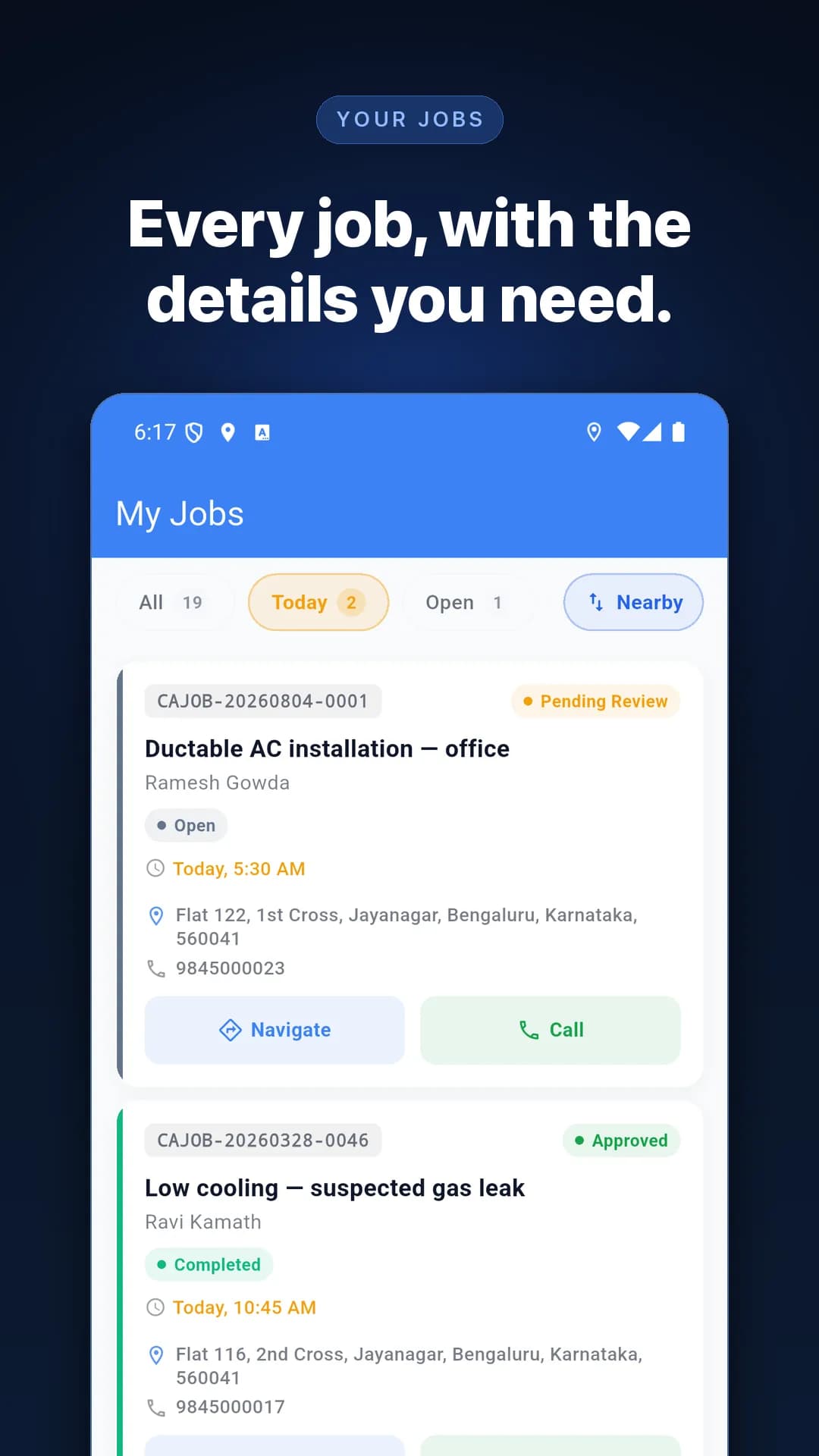 KaryaFlow my jobs list showing job cards with status, schedule, address and navigate and call buttons