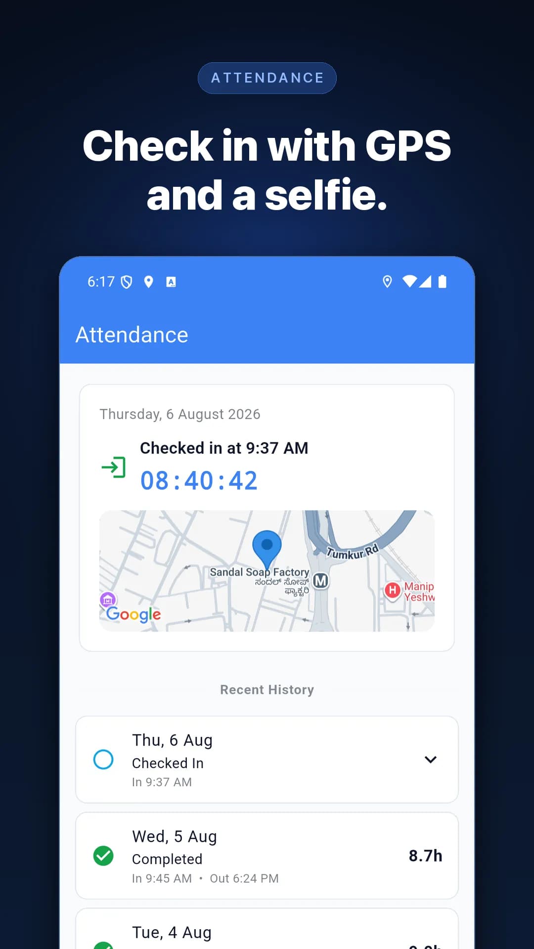KaryaFlow attendance screen showing GPS check-in on a map with recent history