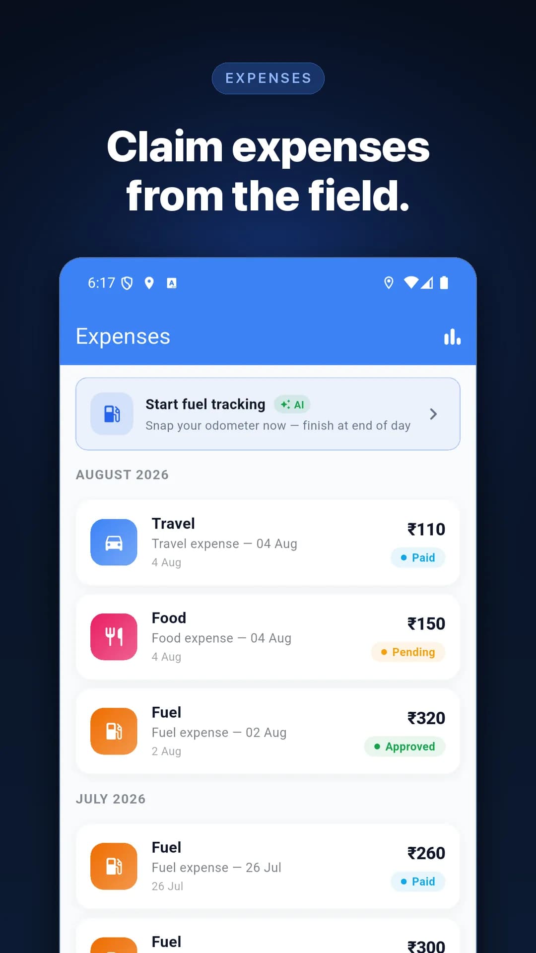 KaryaFlow expenses screen showing travel, food and fuel claims with paid, pending and approved status