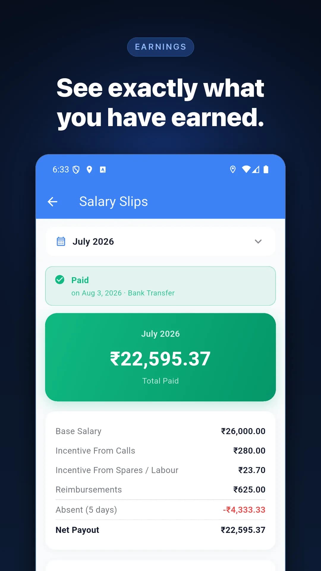 KaryaFlow salary slip screen showing base salary, incentives, reimbursements and net payout
