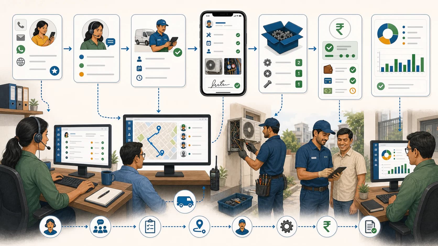 After-sales CRM to job execution workflow showing customer request, service job, technician proof, parts, payment status, and dashboard