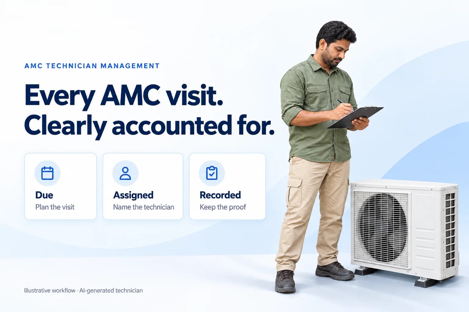 Illustrative AMC visit board for planning, technician assignment and proof beside an AI-generated technician