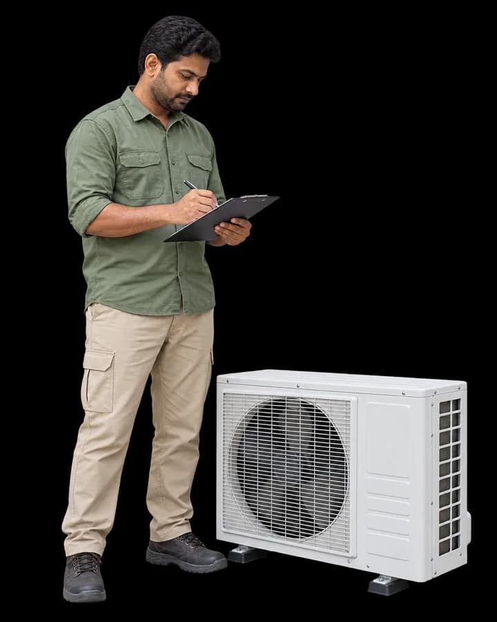 AI-generated technician in sage workwear documenting an inspection beside an AC condenser