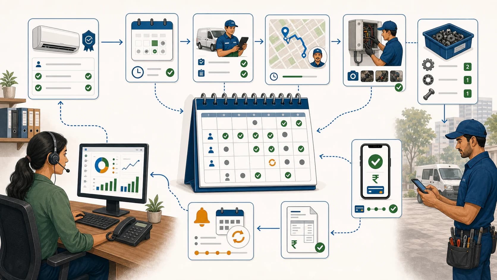 AMC workflow showing contract setup, scheduled visits, technician proof, payment status, GST invoice handoff, and renewal follow-up
