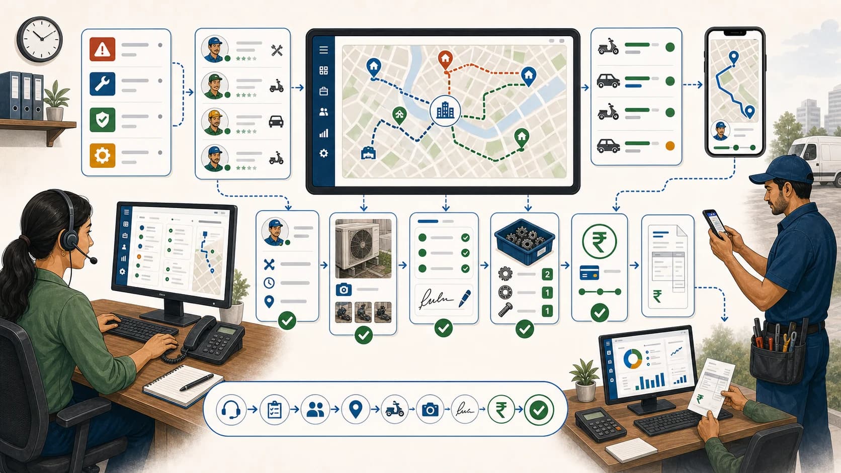 Office dispatch, technician routing, job proof, payment status, and billing handoff workflow