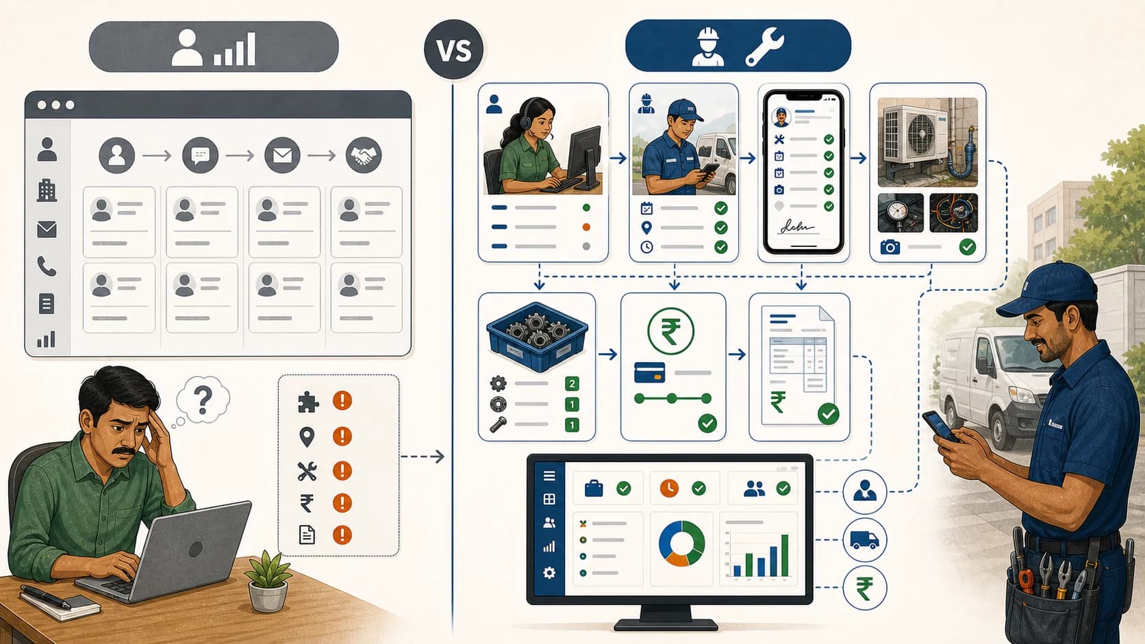Comparison of broad CRM pipeline and field execution workflow with jobs, proof, payments, and invoice handoff