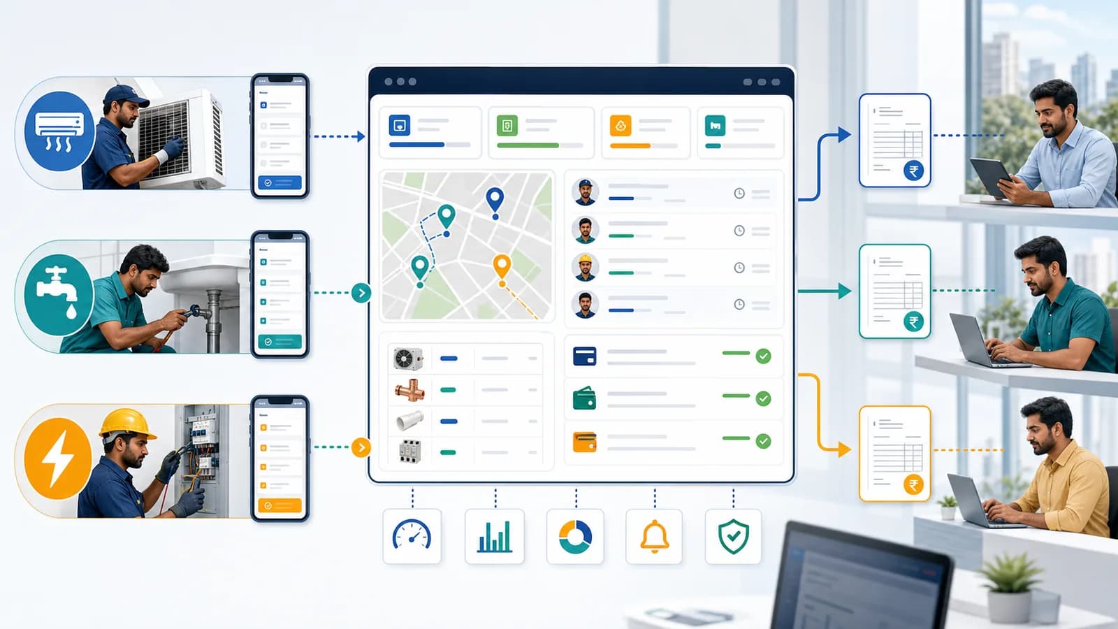 Field service app workflow for HVAC, plumbing and electrical companies showing dispatch, technician app, inventory, payment status, GST invoice handoff and owner dashboard