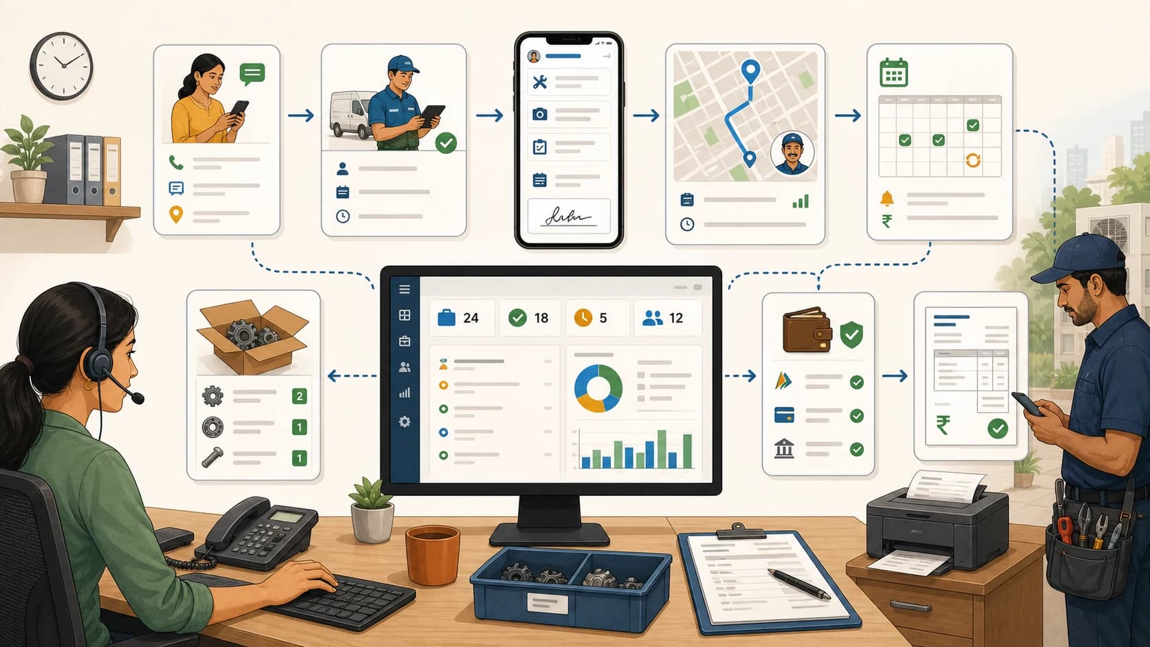 Field service operations dashboard for Indian service businesses