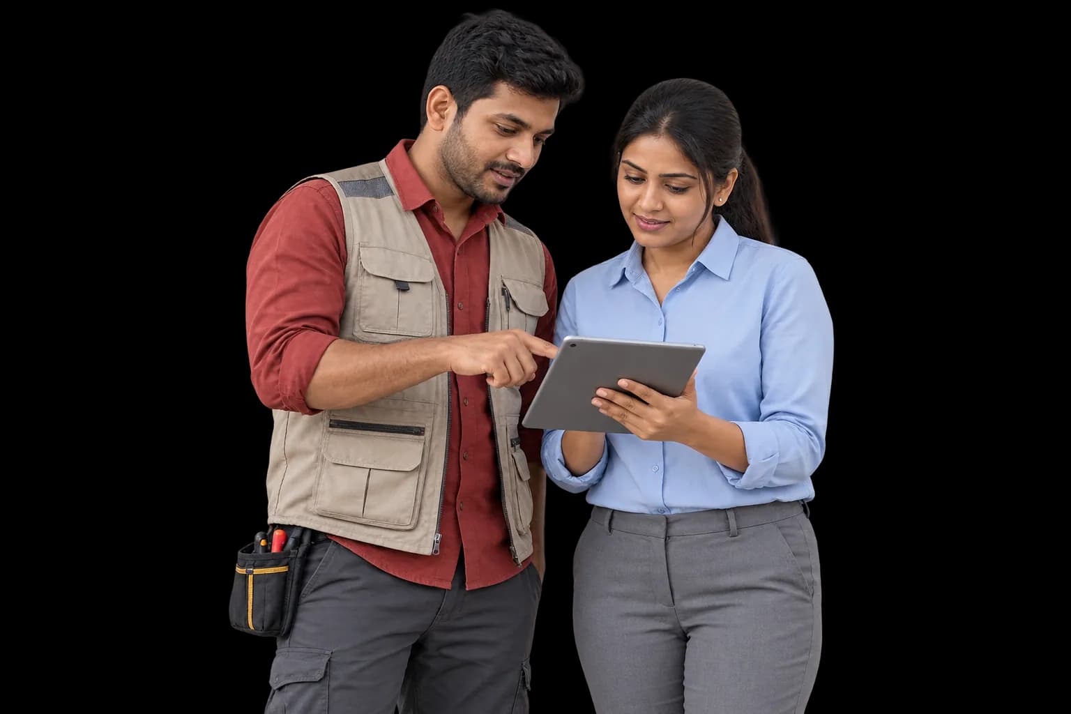 AI-generated technician in a brick-red shirt and stone vest reviewing a job on a tablet with a coordinator