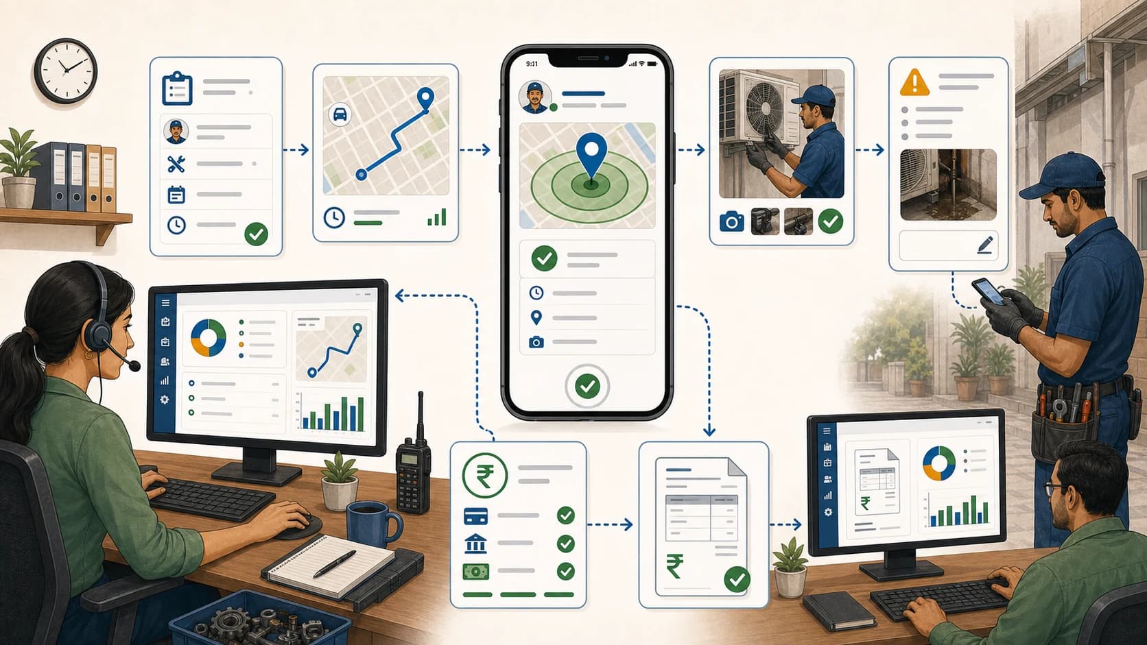 Service management platform workflow with geofenced technician app, attendance, assigned jobs, proof, payment status, and GST billing handoff