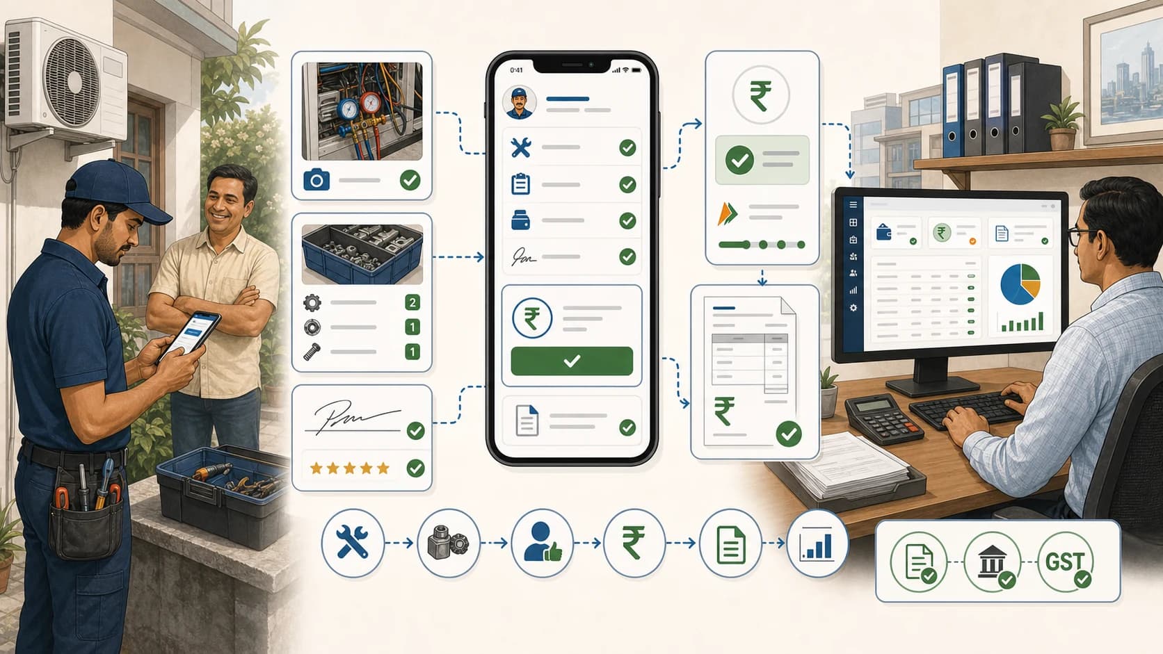 On-site UPI payment and GST invoice workflow showing job proof, parts, UPI status, customer confirmation, invoice handoff, and accounts review