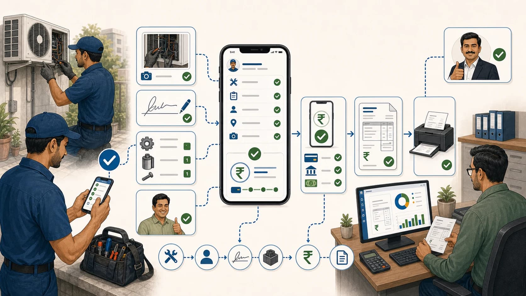 On-site UPI payment workflow connected to technician proof, parts, customer approval, GST invoice handoff, and accounts review