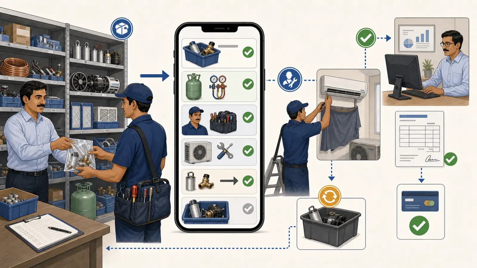 HVAC inventory workflow showing spare parts, refrigerant, technician stock, service job usage, returns, and billing handoff