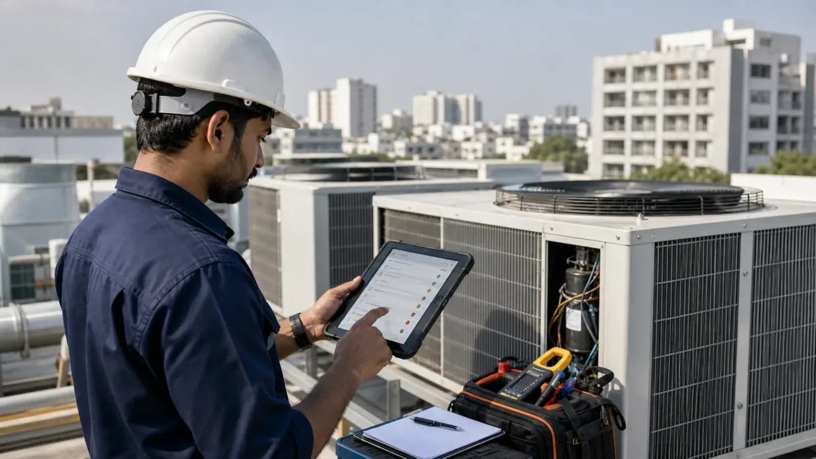 HVAC technician using preventive maintenance software on a tablet during equipment inspection