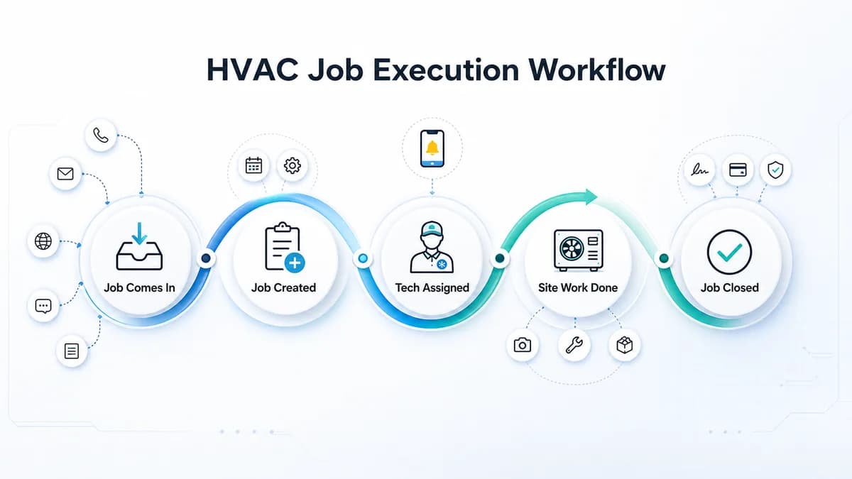 HVAC project management software workflow for job entry technician assignment proof material payment reports and AMC handover