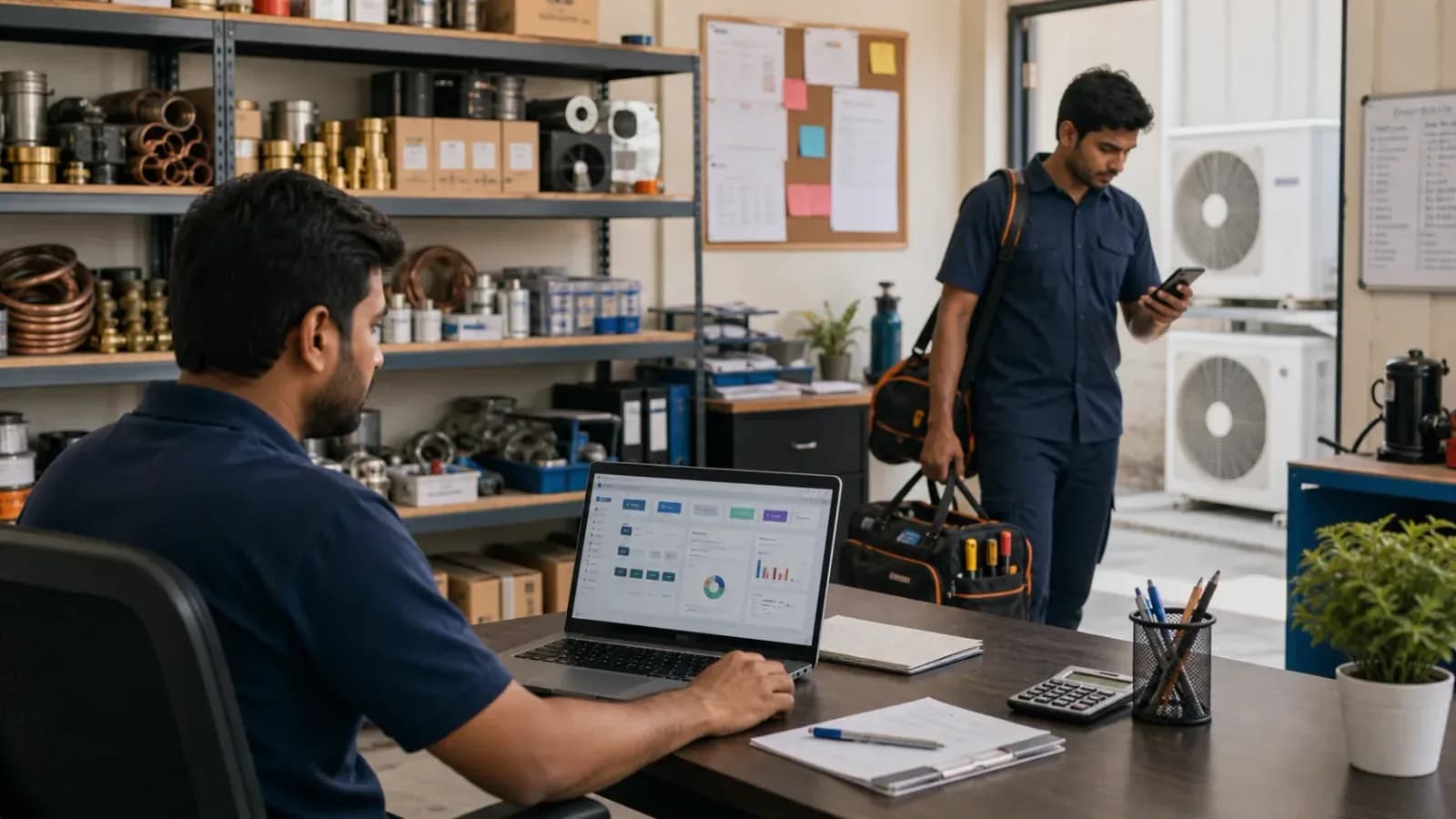 HVAC dispatch dashboard for service jobs, technicians, AMC visits, and billing