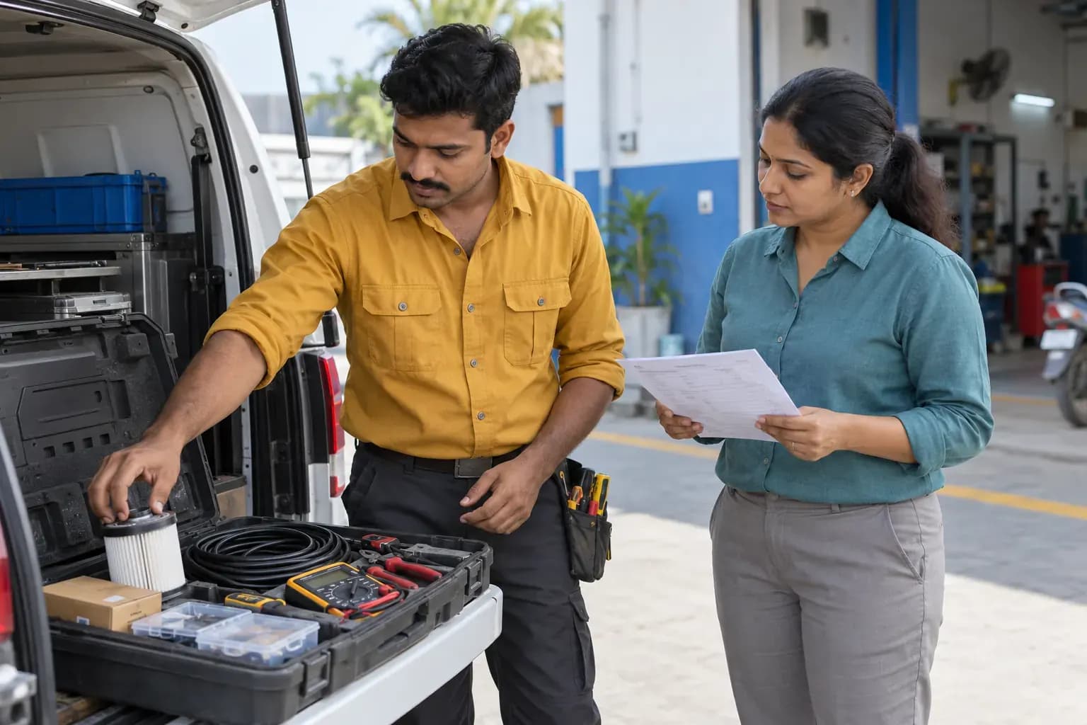 AI-generated scene: technician in mustard workwear checks a parts kit beside a service van with a coordinator in teal
