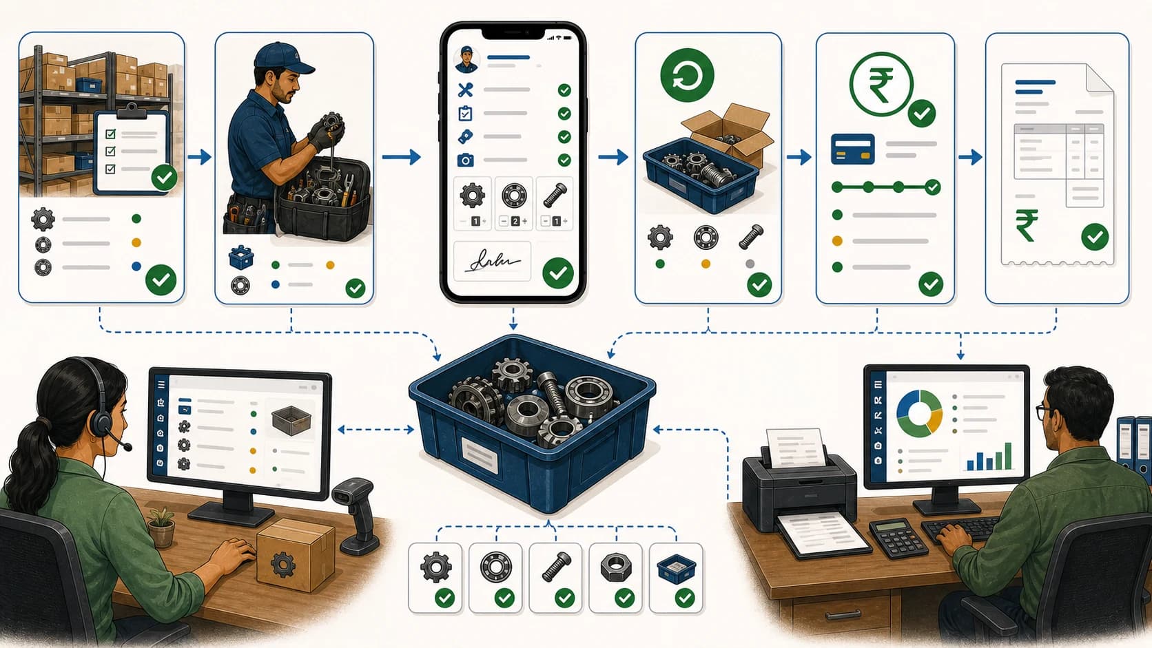 Store stock, technician parts, job card usage, payment status, and billing handoff workflow