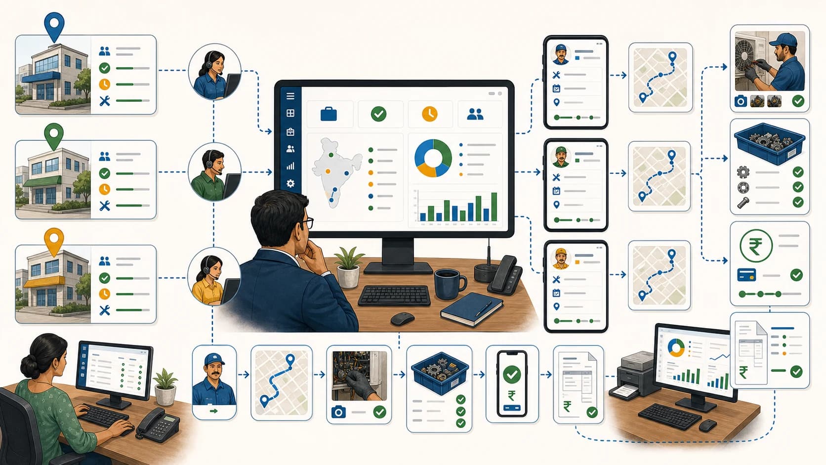 Multi-site workforce management workflow with branches, technicians, proof, parts, payment status, GST invoice handoff, and dashboard