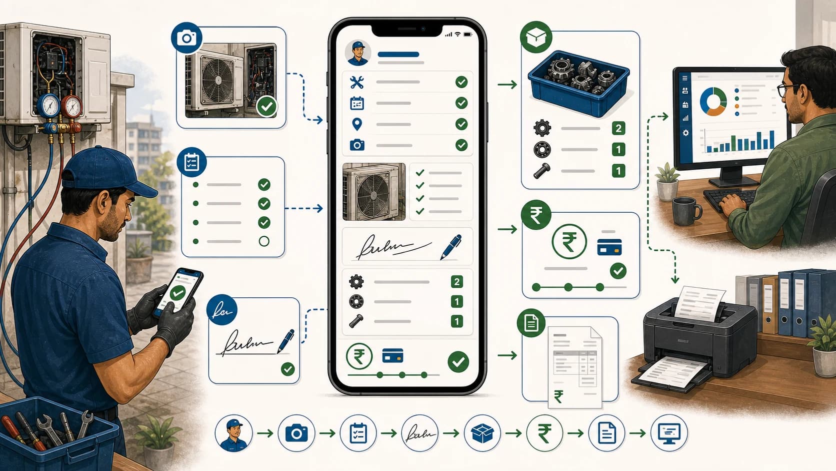 Technician mobile app workflow showing assigned job, photos, checklist, customer signature, service report, payment status, and billing handoff