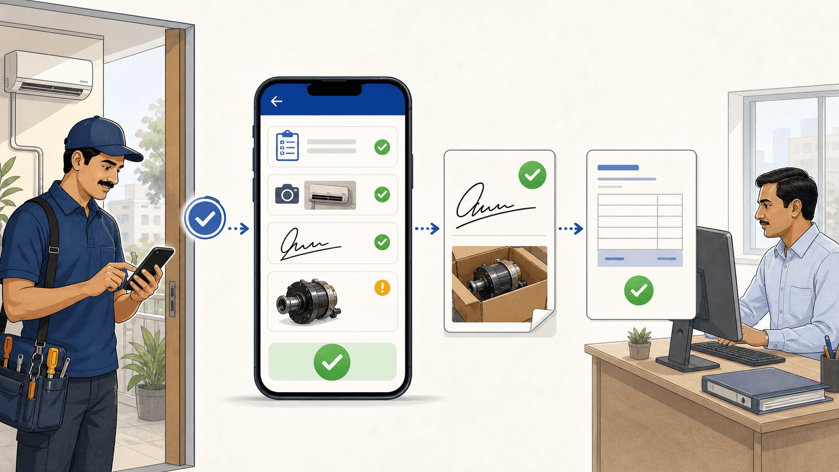 Technician mobile completion sheet workflow showing job proof, customer signature, defective part recovery, and GST invoice handoff