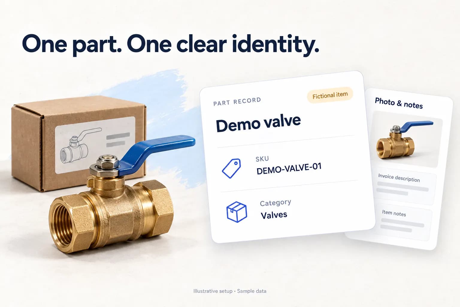 Brass demo valve beside floating part-record, SKU, category and photo-and-notes cards