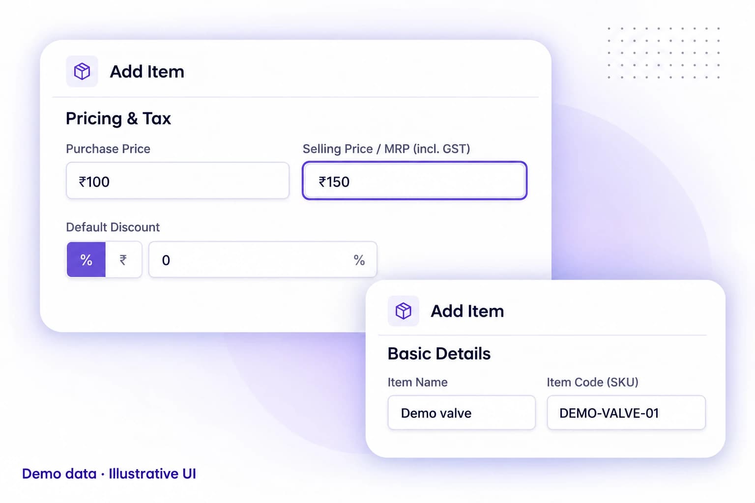 Demo illustration of Pricing and Tax panels with fictional purchase price 100 rupees, selling price 150 rupees and zero-percent discount