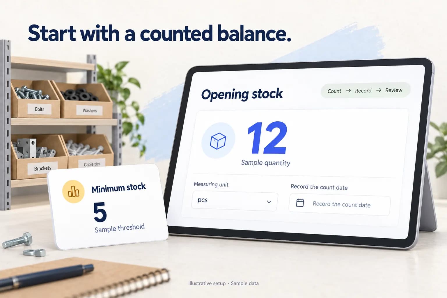 Tablet showing sample opening stock of 12 pcs beside a minimum-stock card set to 5