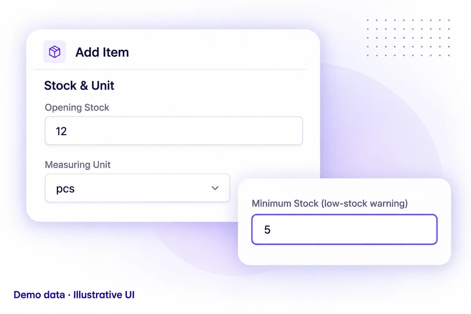 Demo illustration of Stock and Unit panels with fictional opening stock 12, measuring unit pcs and minimum stock 5