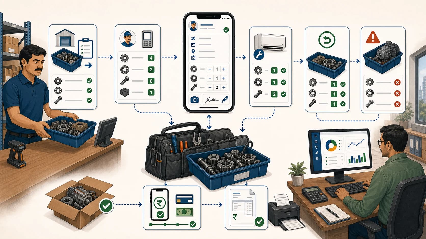 Technician stock and spare parts workflow showing warehouse issue, van stock, job card usage, unused returns, payment status, and billing handoff