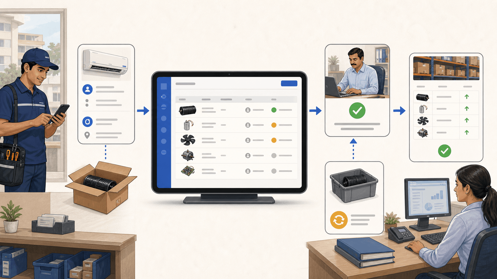 Stock issue register workflow showing service call reference, parts approval, warranty return review, and inventory ledger update