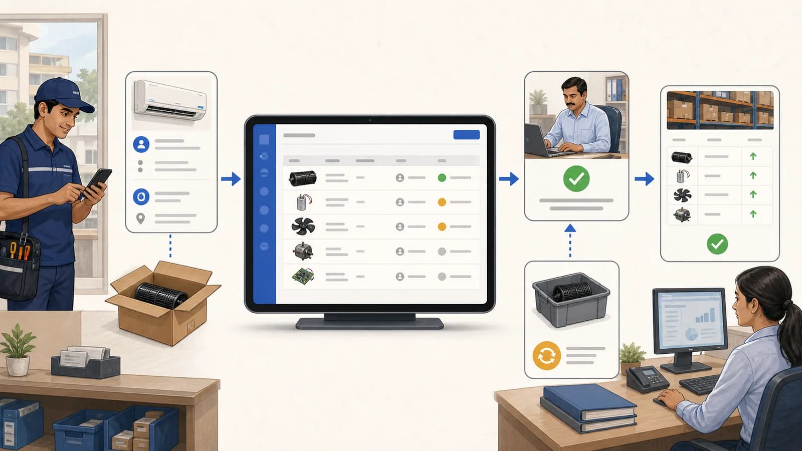 Stock issue register workflow showing service call reference, parts approval, warranty return review, and inventory ledger update