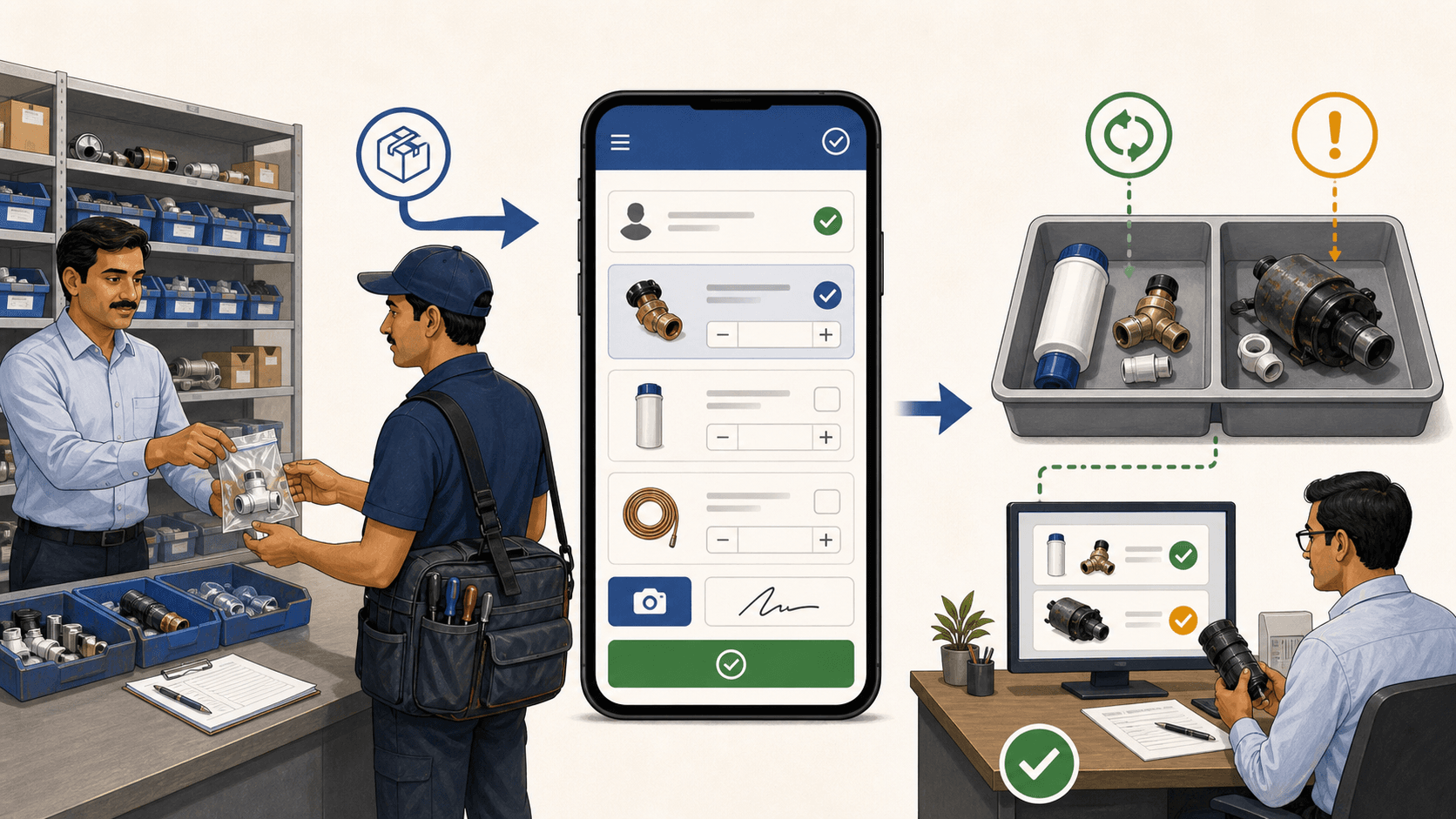 Technician parts custody workflow showing issued stock, job usage, unused return, defective recovery, and office confirmation