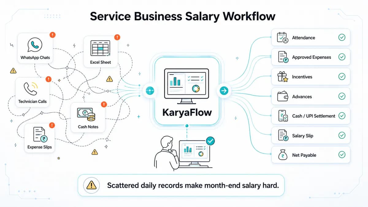 Technician salary calculation software workflow showing jobs attendance expenses incentives advances collections owner approval and payslip context