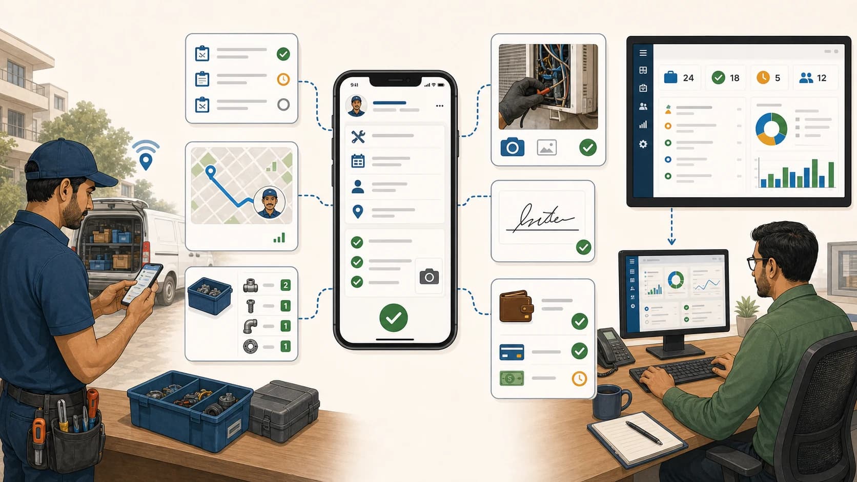 Top mobile apps for field technician management comparison grid showing jobs, live status, photos, parts, payments, and dashboards